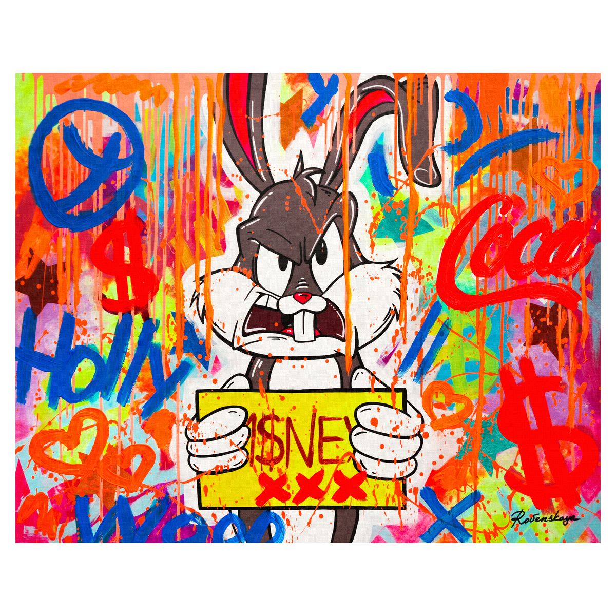 Nastya Rovenskaya- Mixed Media on Canvas "Angry Rabbit"