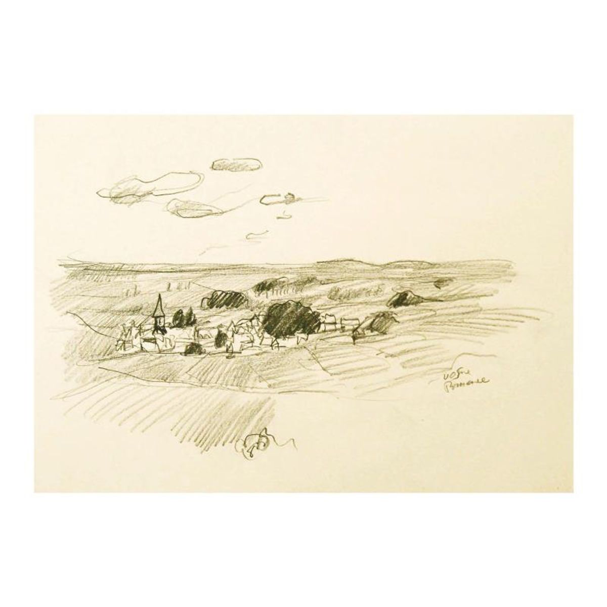 Wayne Ensrud, "Burgundian Village of Vosne-Romanee, Burgundy" Pencil Original Artwork; Hand Signed; COA