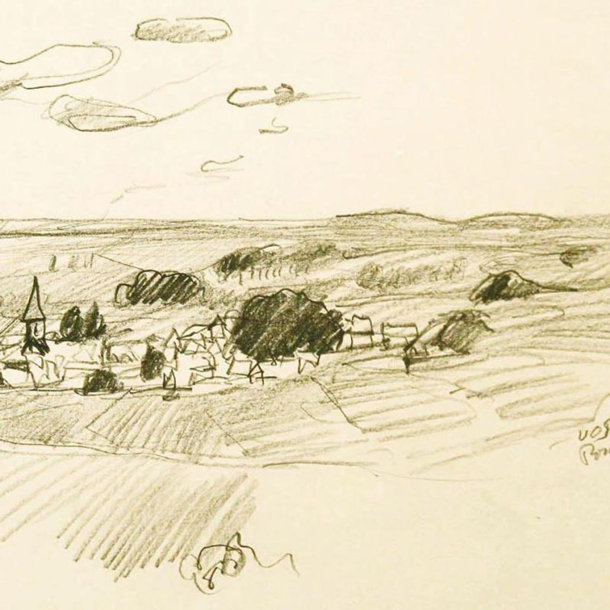 Wayne Ensrud, "Burgundian Village of Vosne-Romanee, Burgundy" Pencil Original Artwork; Hand Signed; COA