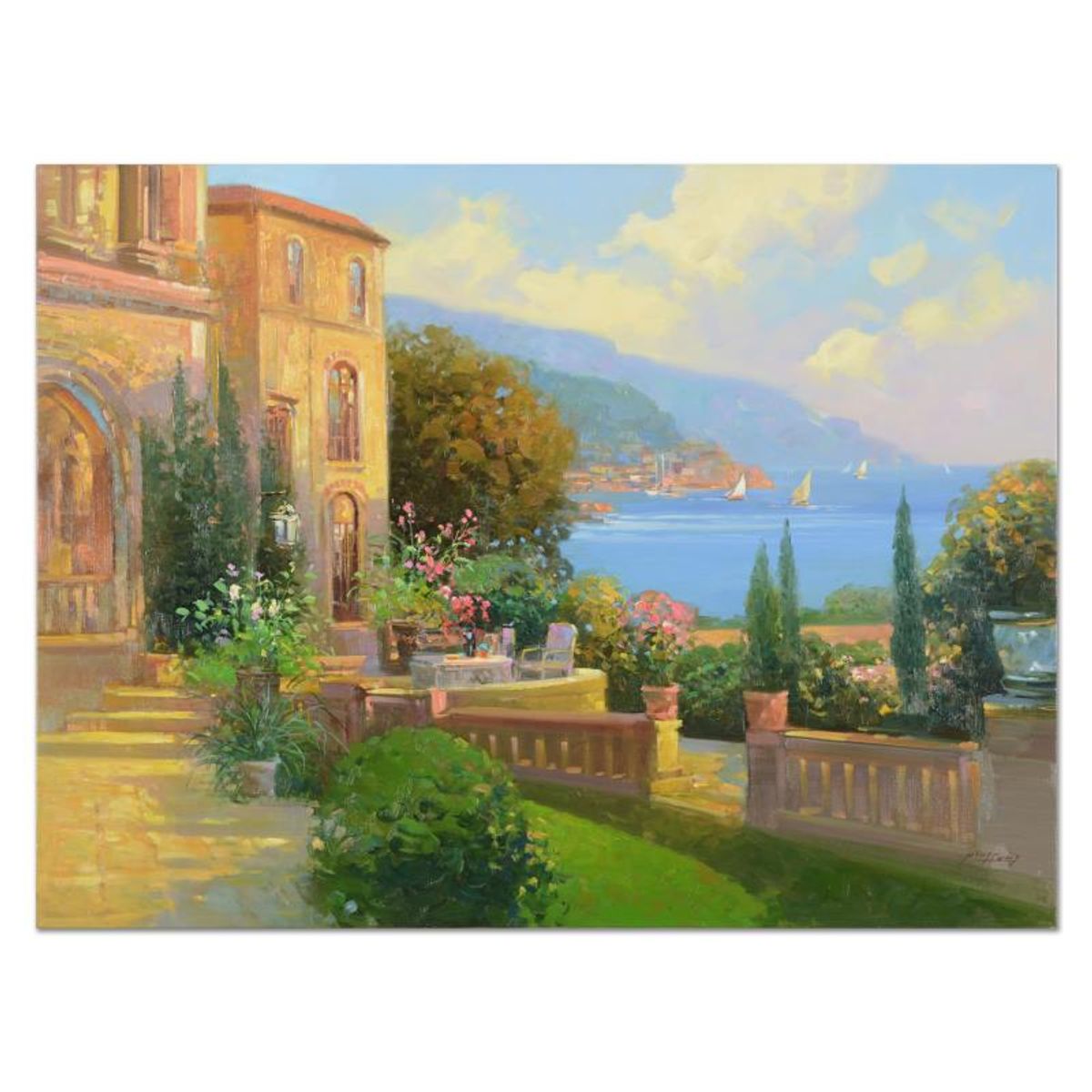 Ming Feng, "Majestic Riviera" Original Oil Painting on Canvas, Hand Signed with Letter of Authenticity.