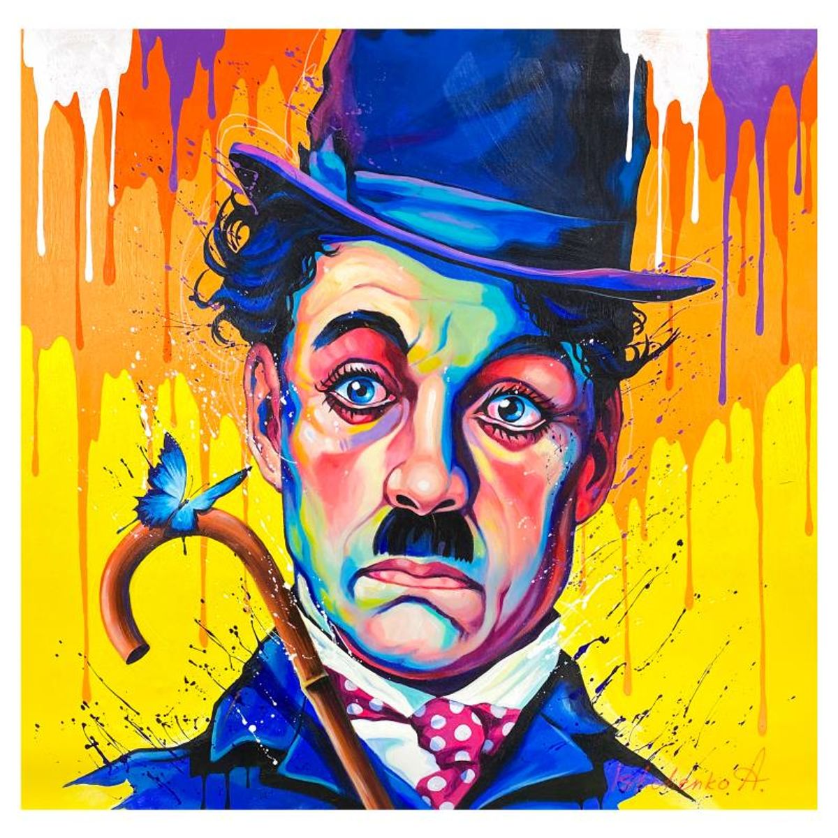 Alexander Ishchenko, "Chaplin" Original Acrylic Painting on Canvas, Hand Signed with Letter Authenticity.
