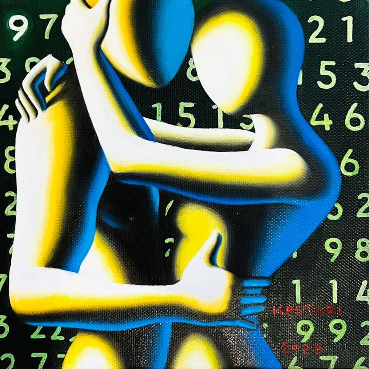 Mark Kostabi, "Binary Affection" Framed Original Oil Painting on Canvas, Hand Signed with a Certificate of Authenticity.