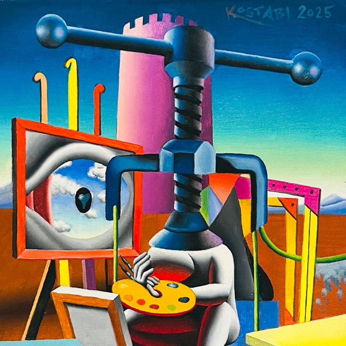 Mark Kostabi, "The Pleasure of Pressure" Framed Original Oil Painting on Canvas, Hand Signed with a Certificate of Authenticity.