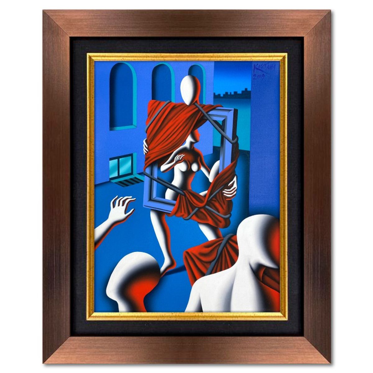 Mark Kostabi, "Fuga Svelata" Framed Original Oil Painting on Canvas, Hand Signed with COA