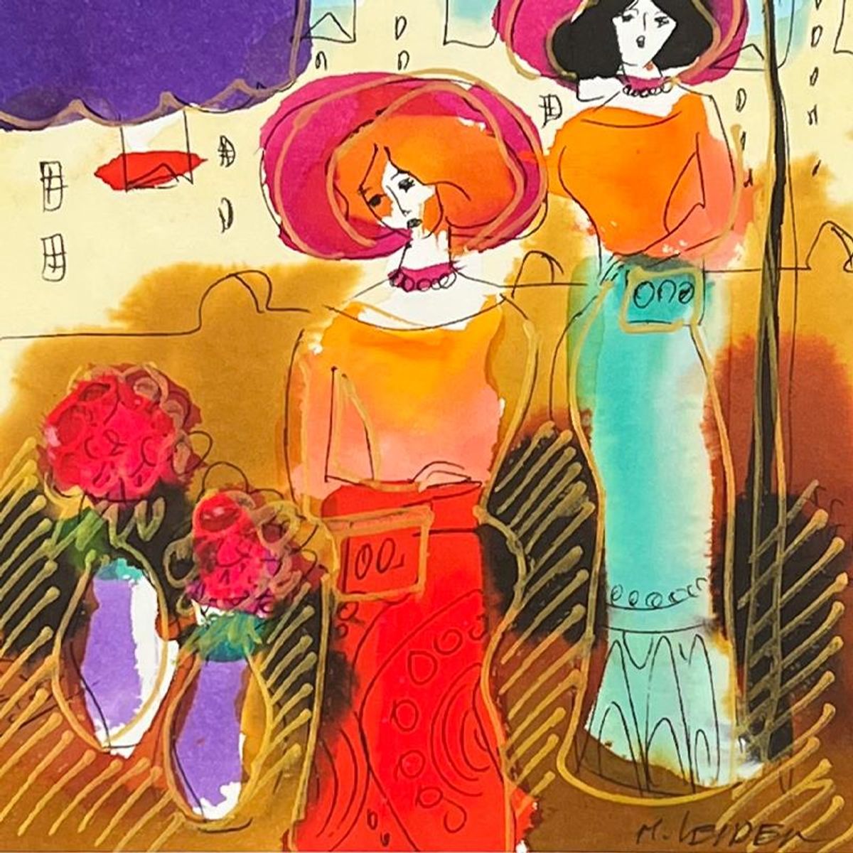 Moshe Leider, Framed Original Mixed Media Watercolor Painting, Hand Signed with Letter of Authenticity.