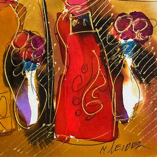 Moshe Leider, Framed Original Mixed Media Watercolor Painting, Hand Signed with Letter of Authenticity.