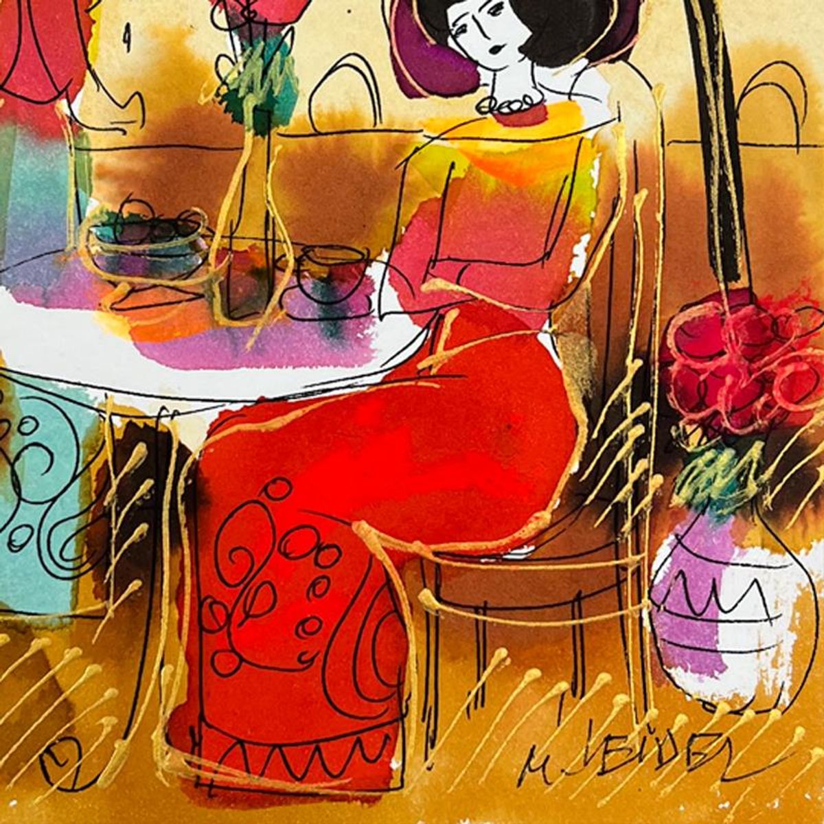 Moshe Leider, Framed Original Mixed Media Watercolor Painting, Hand Signed with Letter of Authenticity.