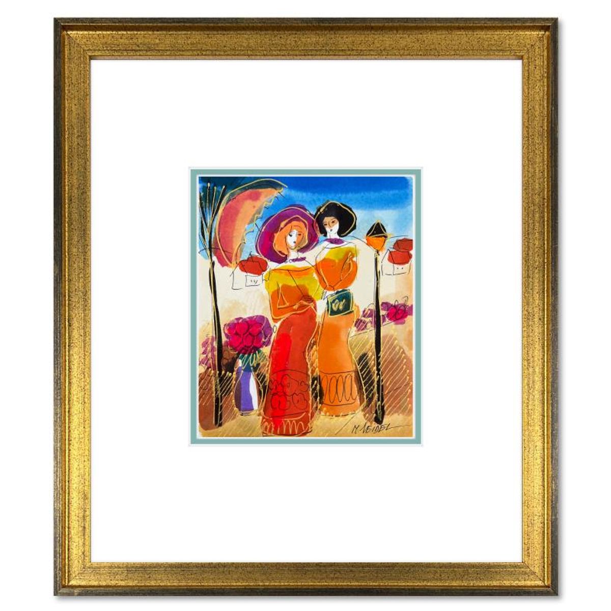 Moshe Leider, Framed Original Mixed Media Watercolor Painting, Hand Signed with Letter of Authenticity.