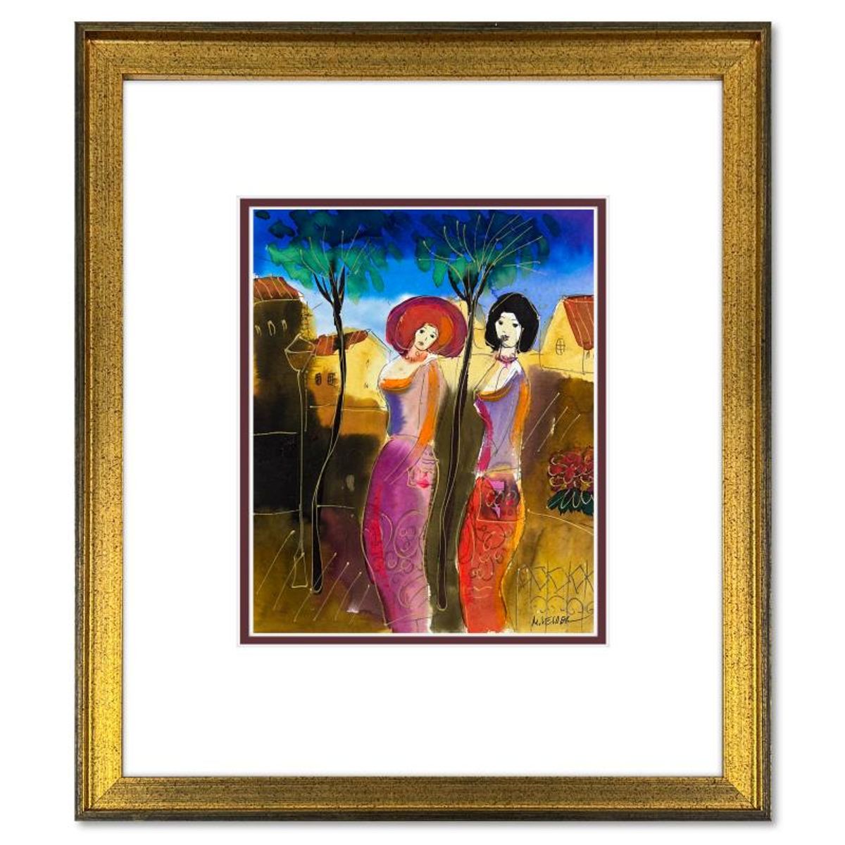 Moshe Leider, Framed Original Mixed Media Watercolor Painting, Hand Signed with Letter of Authenticity.