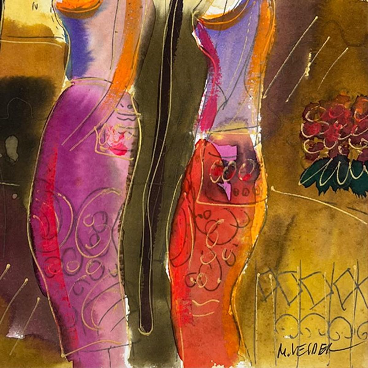 Moshe Leider, Framed Original Mixed Media Watercolor Painting, Hand Signed with Letter of Authenticity.