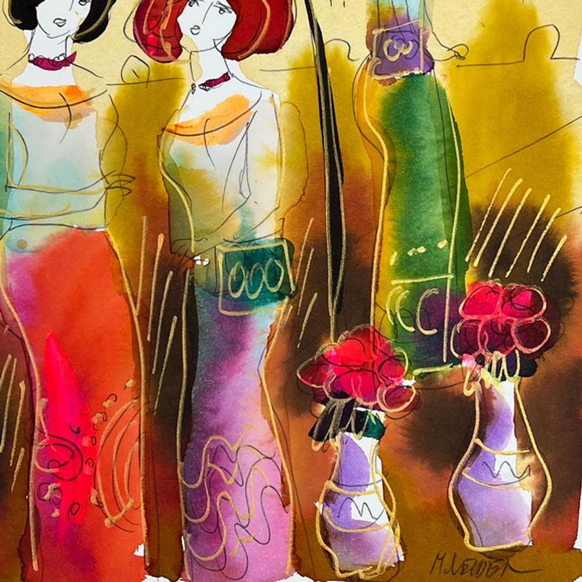 Moshe Leider, Framed Original Mixed Media Watercolor Painting, Hand Signed with Letter of Authenticity.