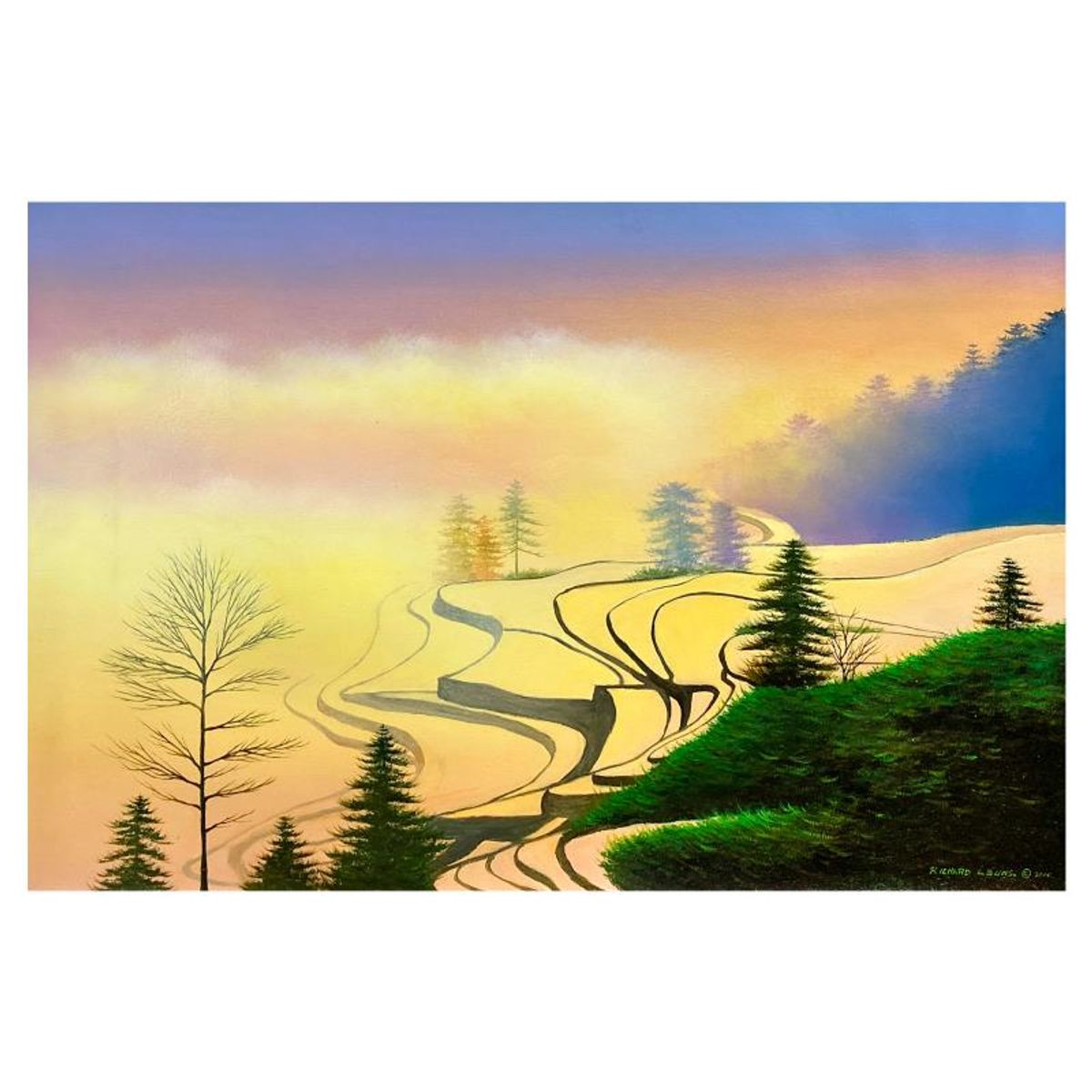 Richard Leung, "Golden Rice Terraces" Original Oil Painting on Canvas, Hand Signed with a Letter of Authenticity.
