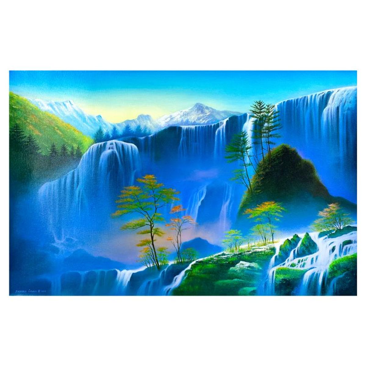Richard Leung, "Mystical Falls" Original Oil Painting on Canvas, Hand Signed with a Letter of Authenticity.