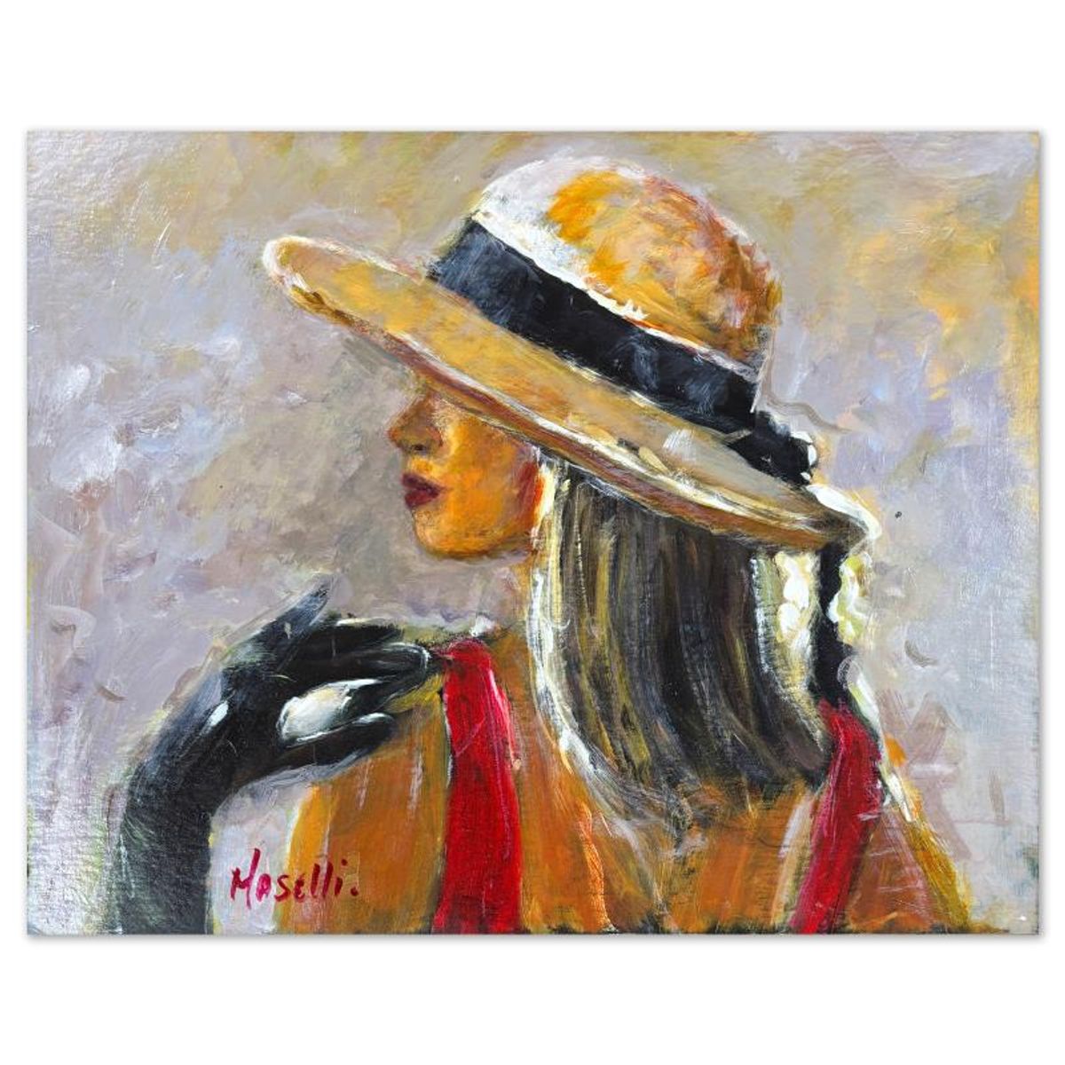 Michael Maselli, "Red Dress Tonight" Original Painting on Board, Hand Signed with Letter of Authenticity.