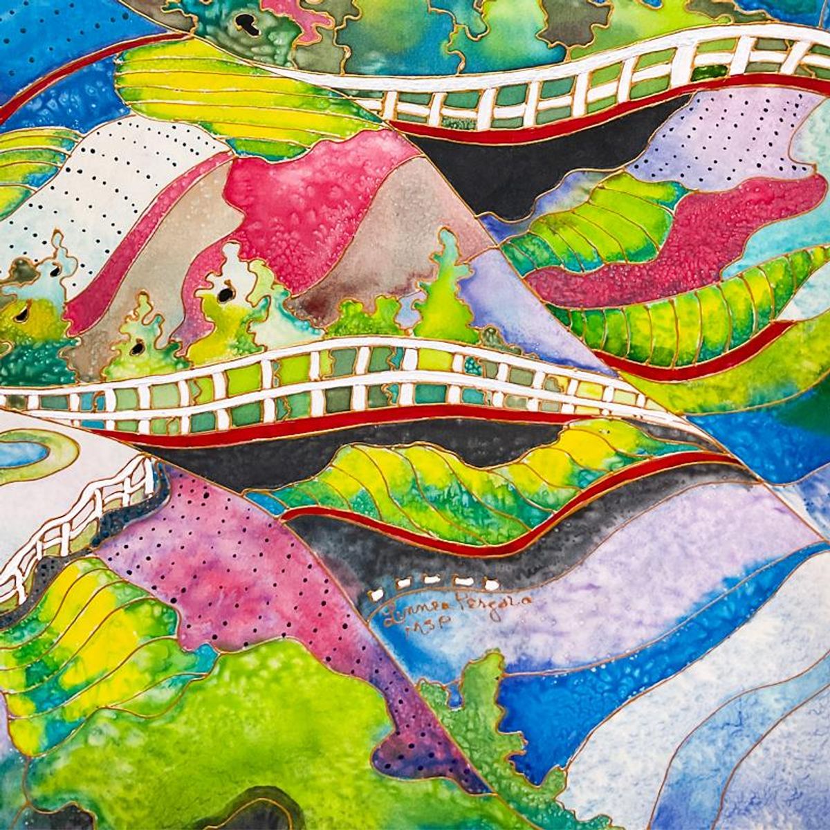 Linnea Pergola, "Poets Walk" Original Painting on Silk, Hand Signed with Letter of Authenticity.