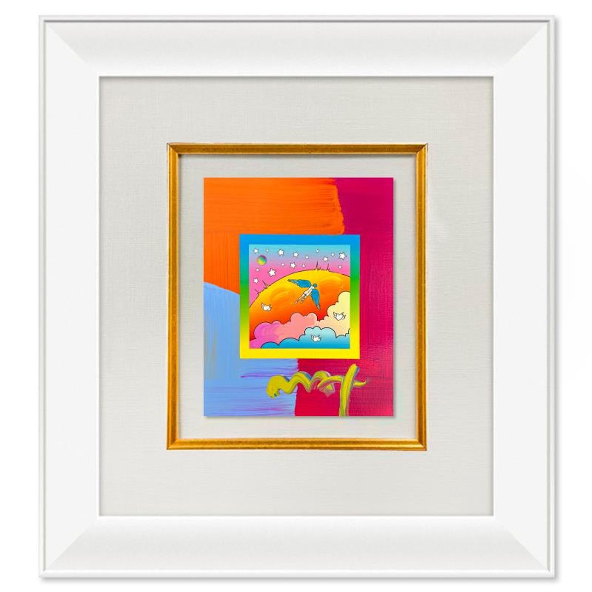 Peter Max, "Angel with Clouds" Framed One-of-a-Kind Acrylic Mixed Media, Hand Signed with Registration Number Certifying Authenticity.