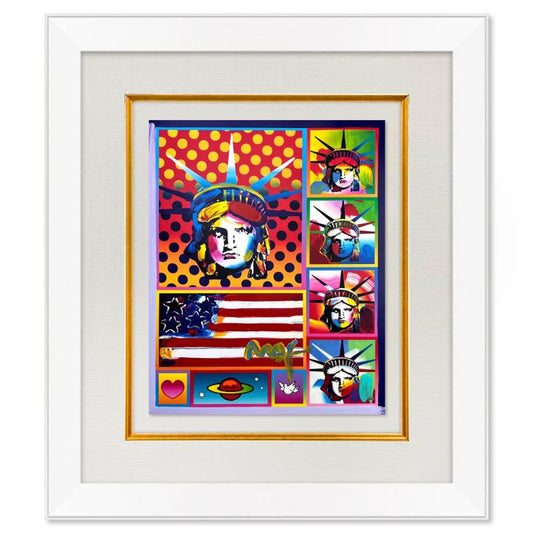Peter Max, "5 Liberties and Flag" Framed One-of-a-Kind Mixed Media, Hand Signed with Registration Number Certifying Authenticity.