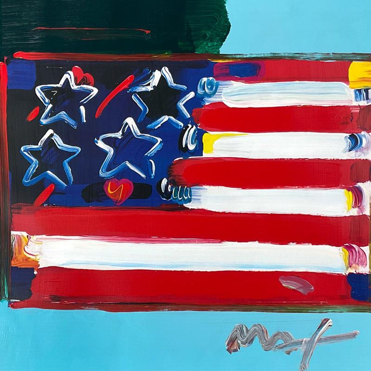 Peter Max, "Flag" Framed One-of-a-Kind Acrylic Mixed Media, Hand Signed with Registration Number Certifying Authenticity