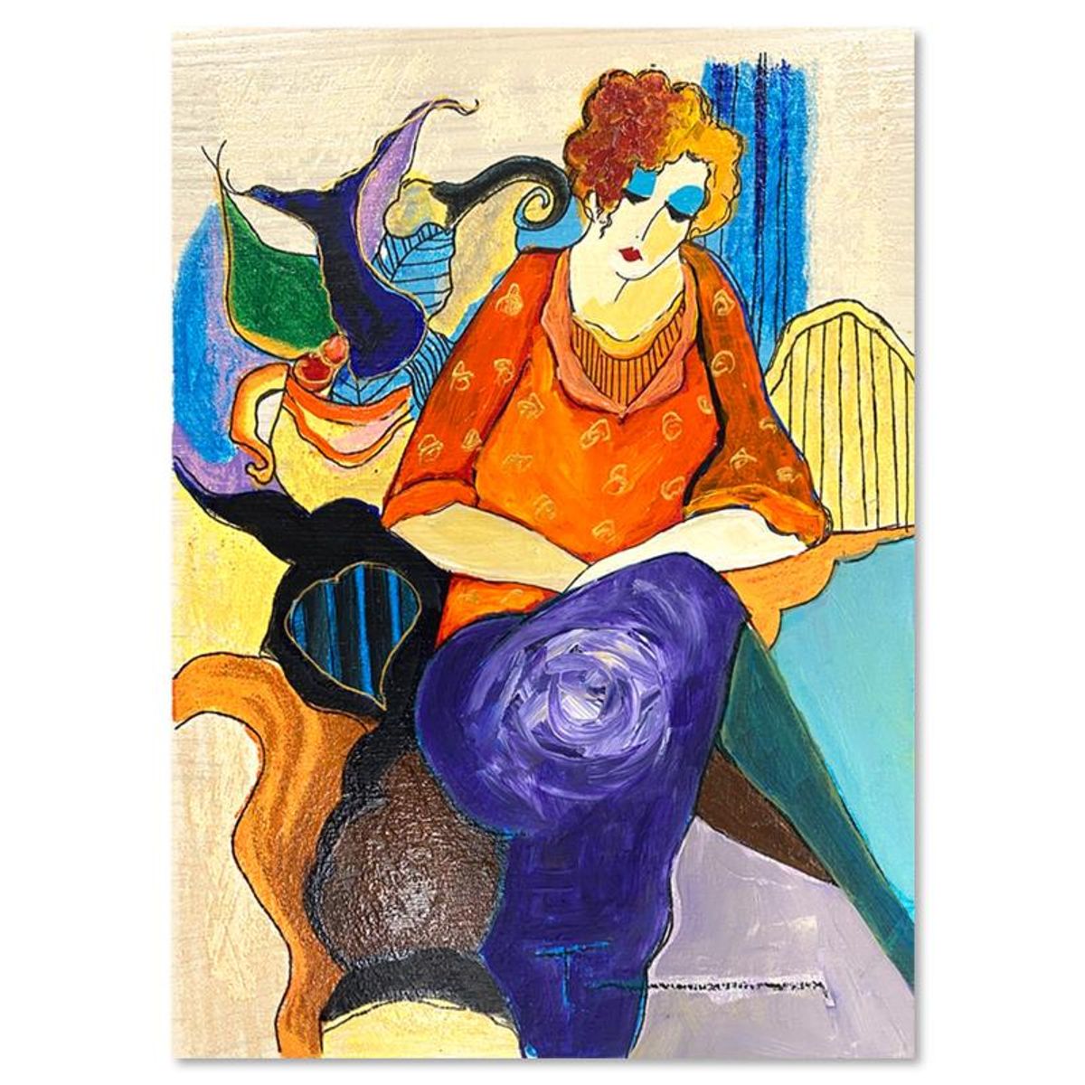 Itzchak Tarkay (1935-2012), "Waiting" One-of-a-Kind Mixed Media Over Paint on Wood, Hand Signed with Letter of Authenticity
