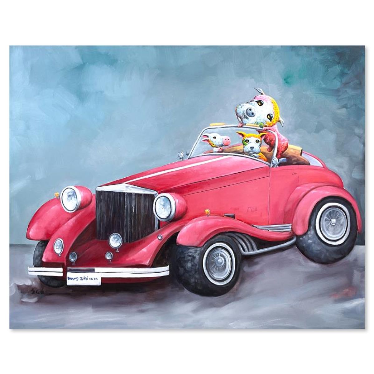 Wang, "Convertible Classic" Original Mixed Media Painting on Gallery Wrapped Canvas (44" x 55"), Hand Signed with Letter of Authenticity.