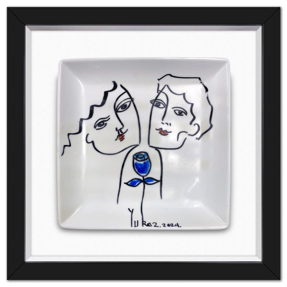 Yuroz, Framed Hand Painted Ceramic Plate, Hand Signed with Letter of Authenticity.