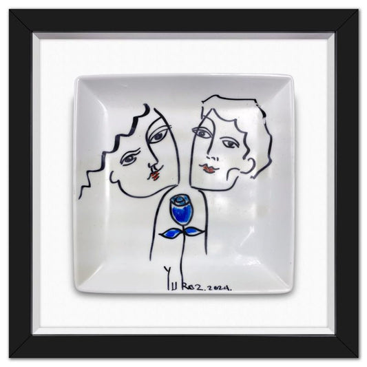 Yuroz, Framed Hand Painted Ceramic Plate, Hand Signed with Letter of Authenticity.