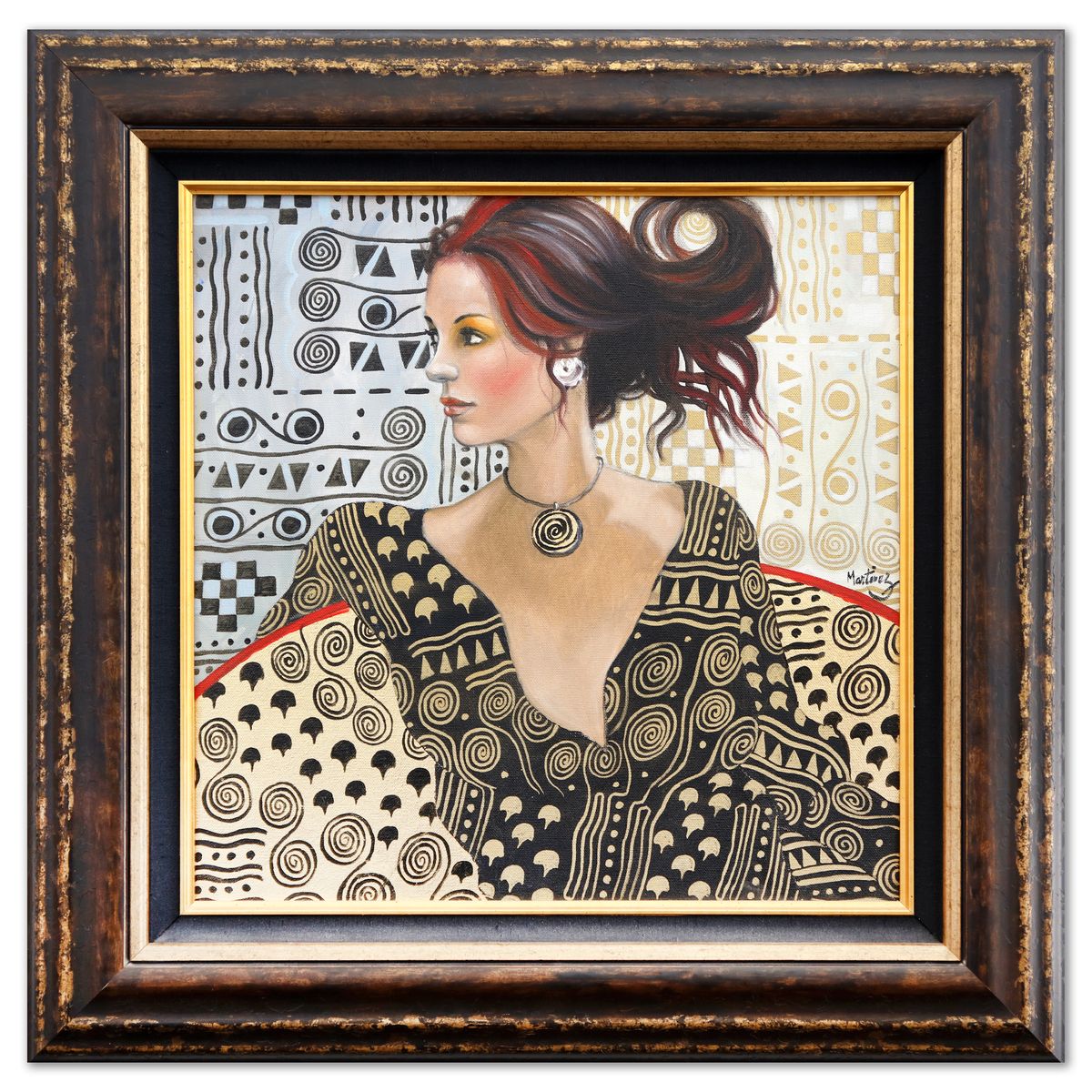 Loppo Martinez- Mixed Media on Canvas "Woman in Gold and Black Spirals"