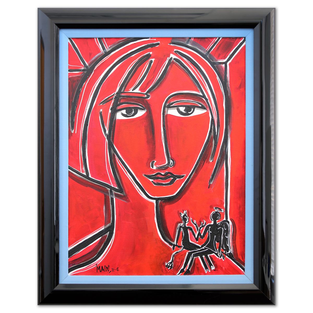 Jennifer Main- Oil on Canvas "Red Face with Angel and Devil"