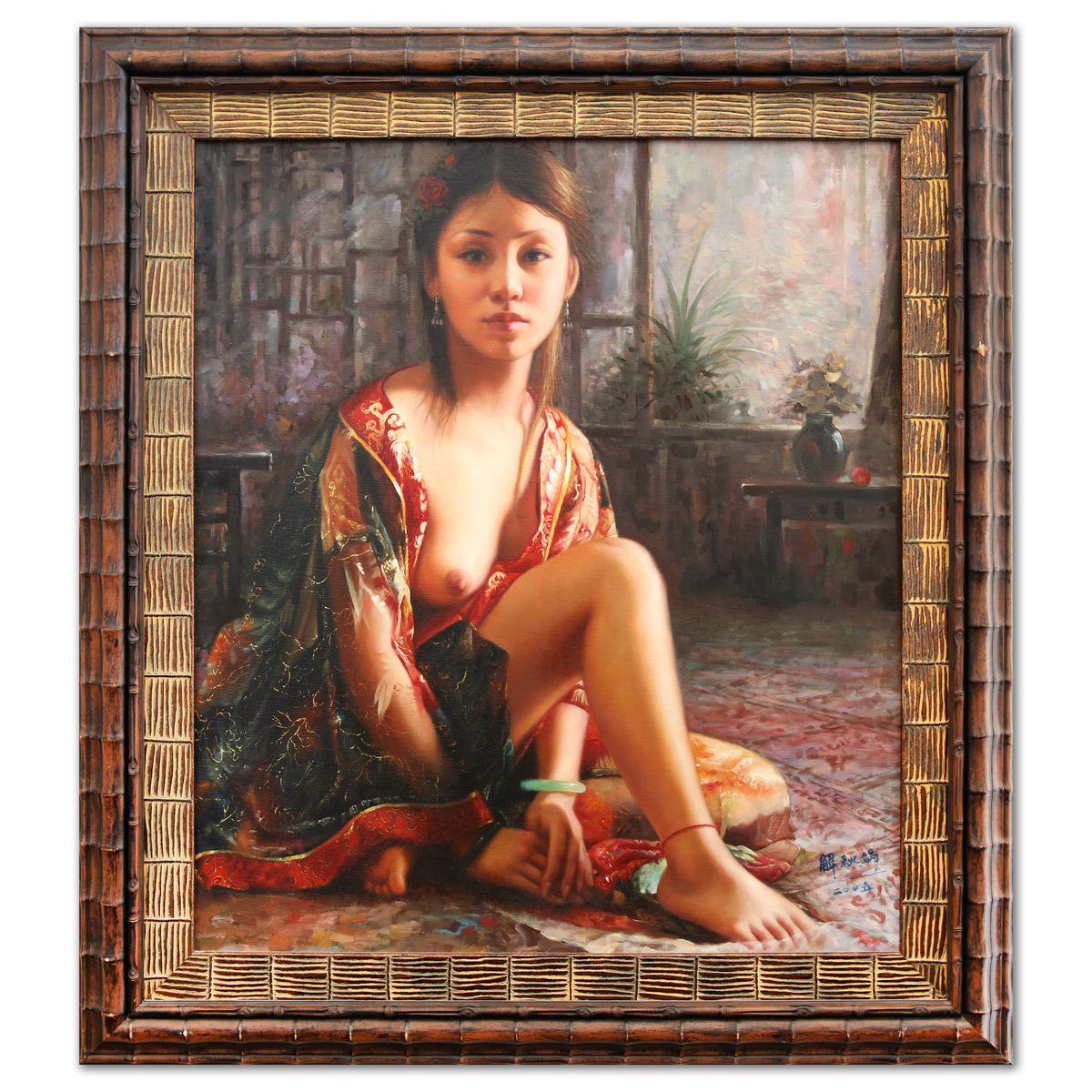 Xie Qui Wa- Oil on Canvas "Young Asian Woman in Open Kimono"