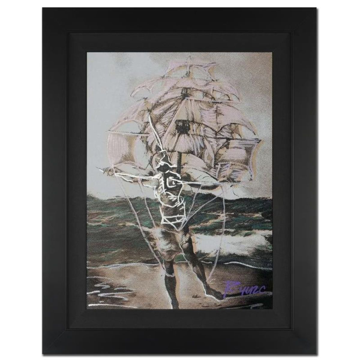 Ringo Daniel Funes, "Man Ship" Framed One-of-a-Kind Mixed Media Painting on Canvas, Hand Signed with COA