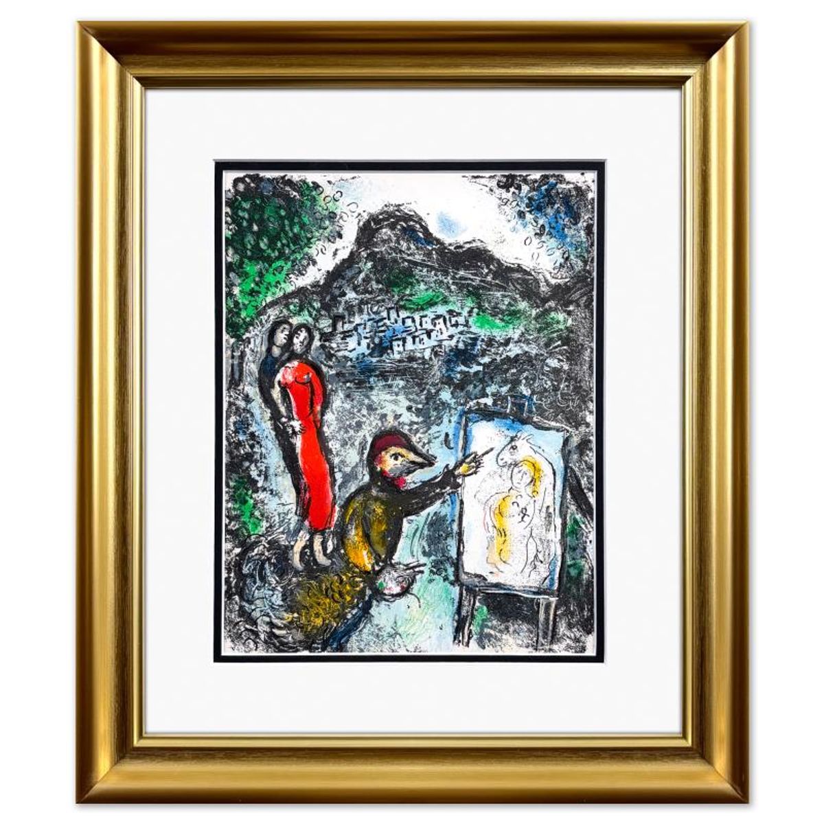 Marc Chagall (1887-1985), "Devant Saint-Jeannet (Couple et artiste devant Saint Jeannet)" Framed Lithograph with Letter of Authenticity.