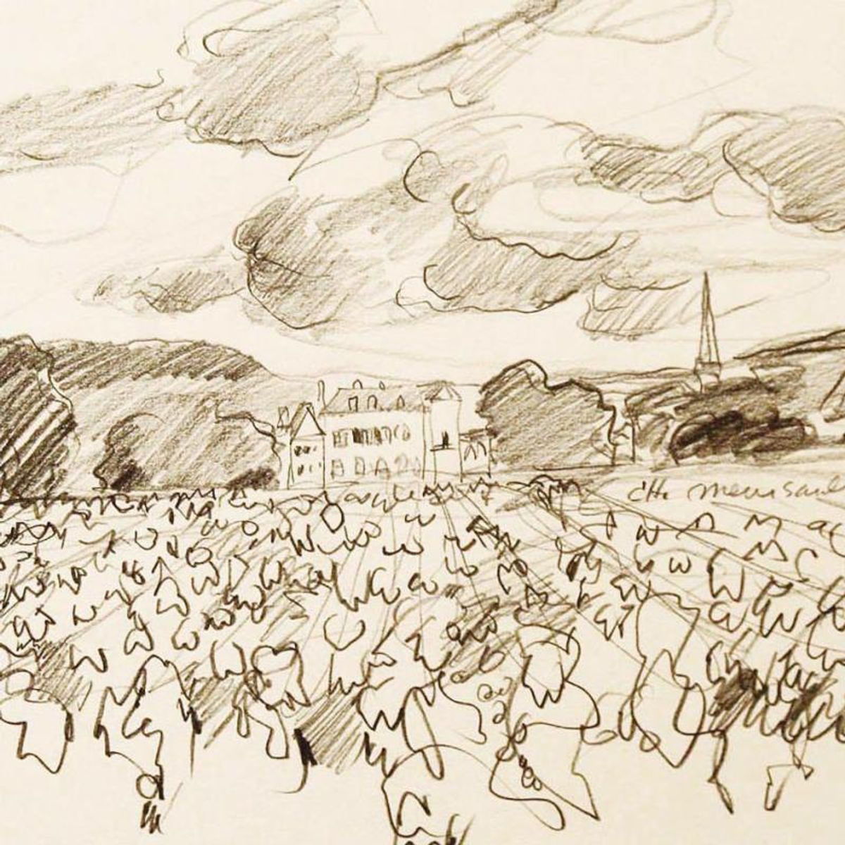 Wayne Ensrud, "Chateau Meursault, Burgundy" Pencil Original Artwork; Hand Signed; COA