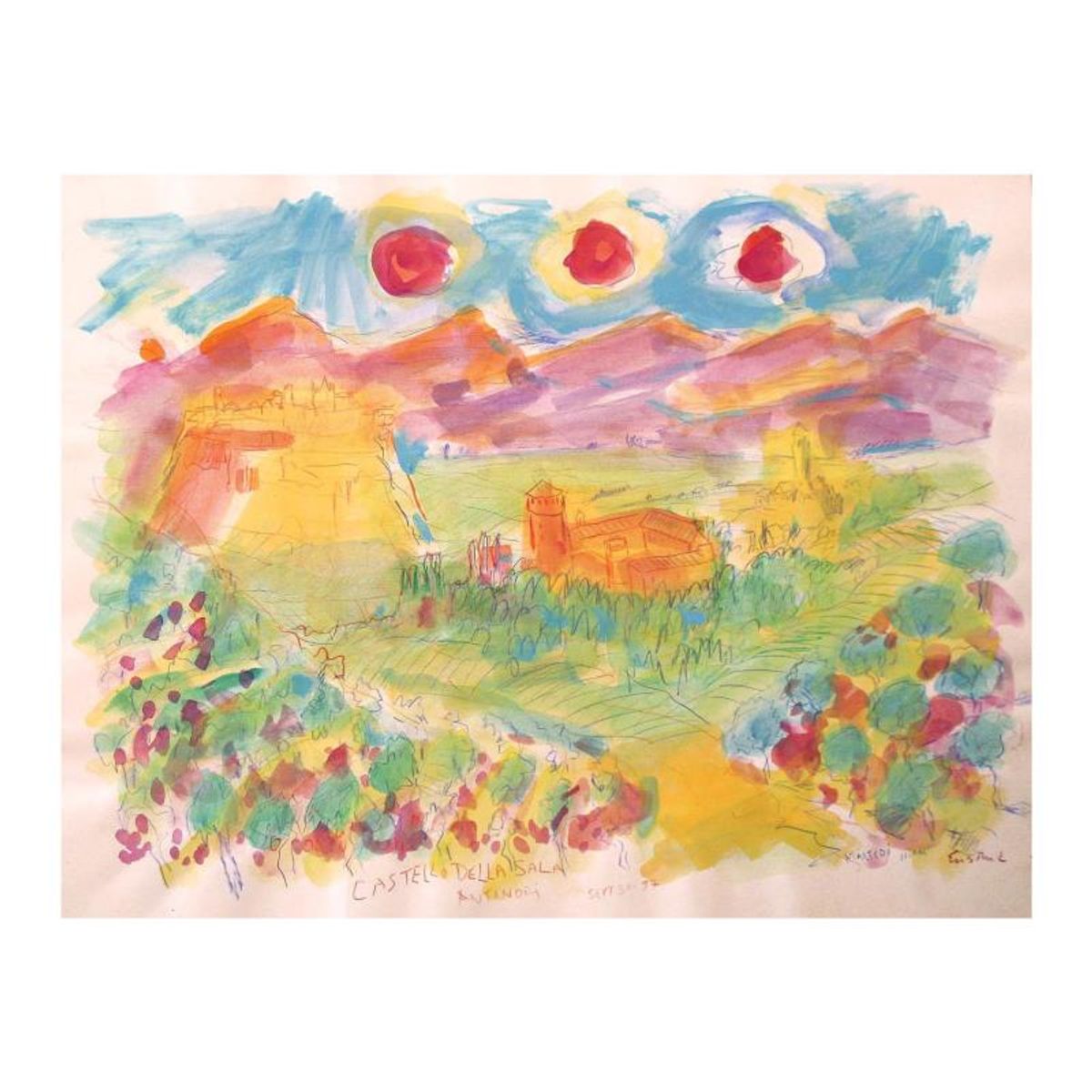 Wayne Ensrud, "Castello della Sala, Antinori, Italy" Mixed Media Original Artwork; Hand Signed; COA