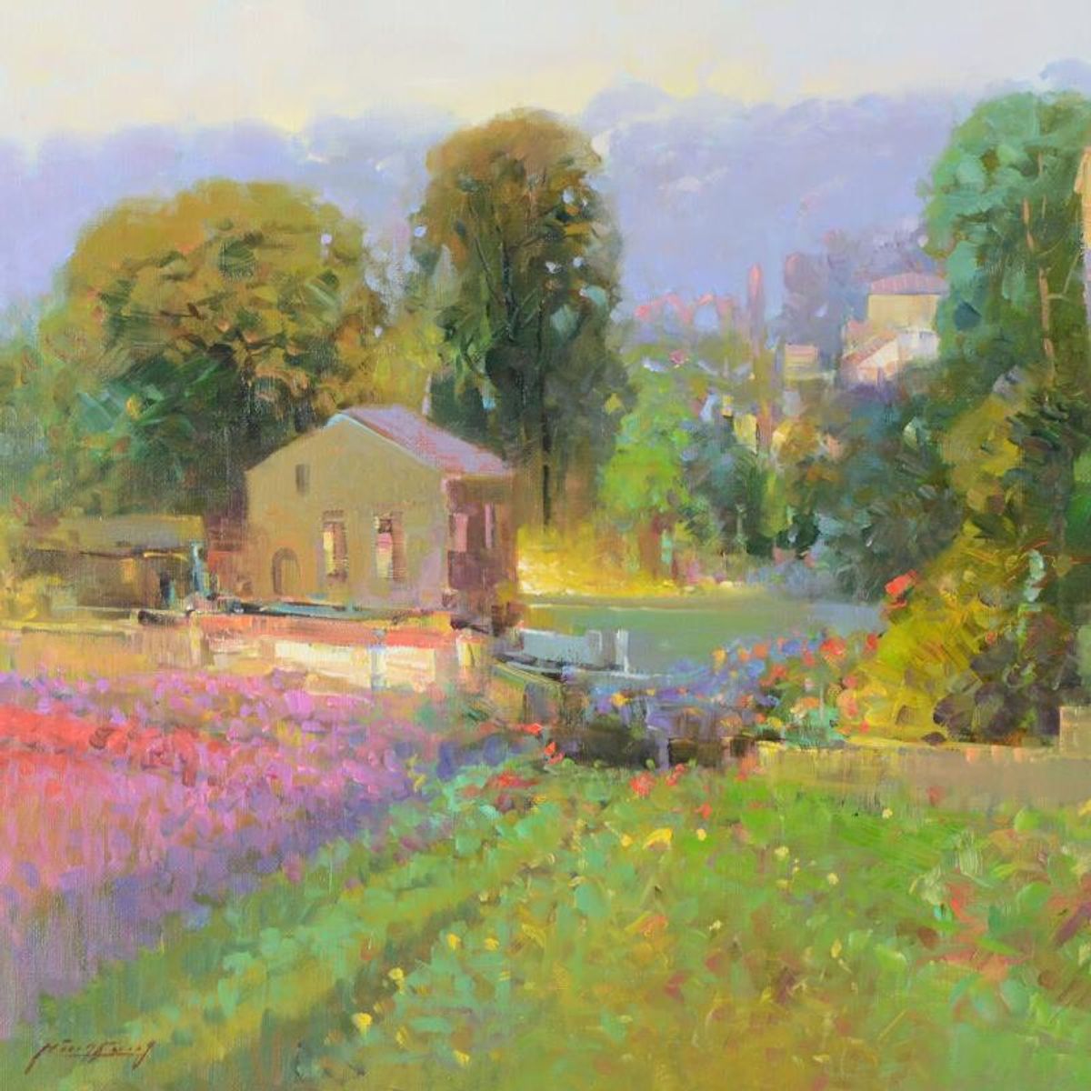 Ming Feng, "Floral Fusion" Original Oil Painting on Canvas, Hand Signed with Letter of Authenticity.