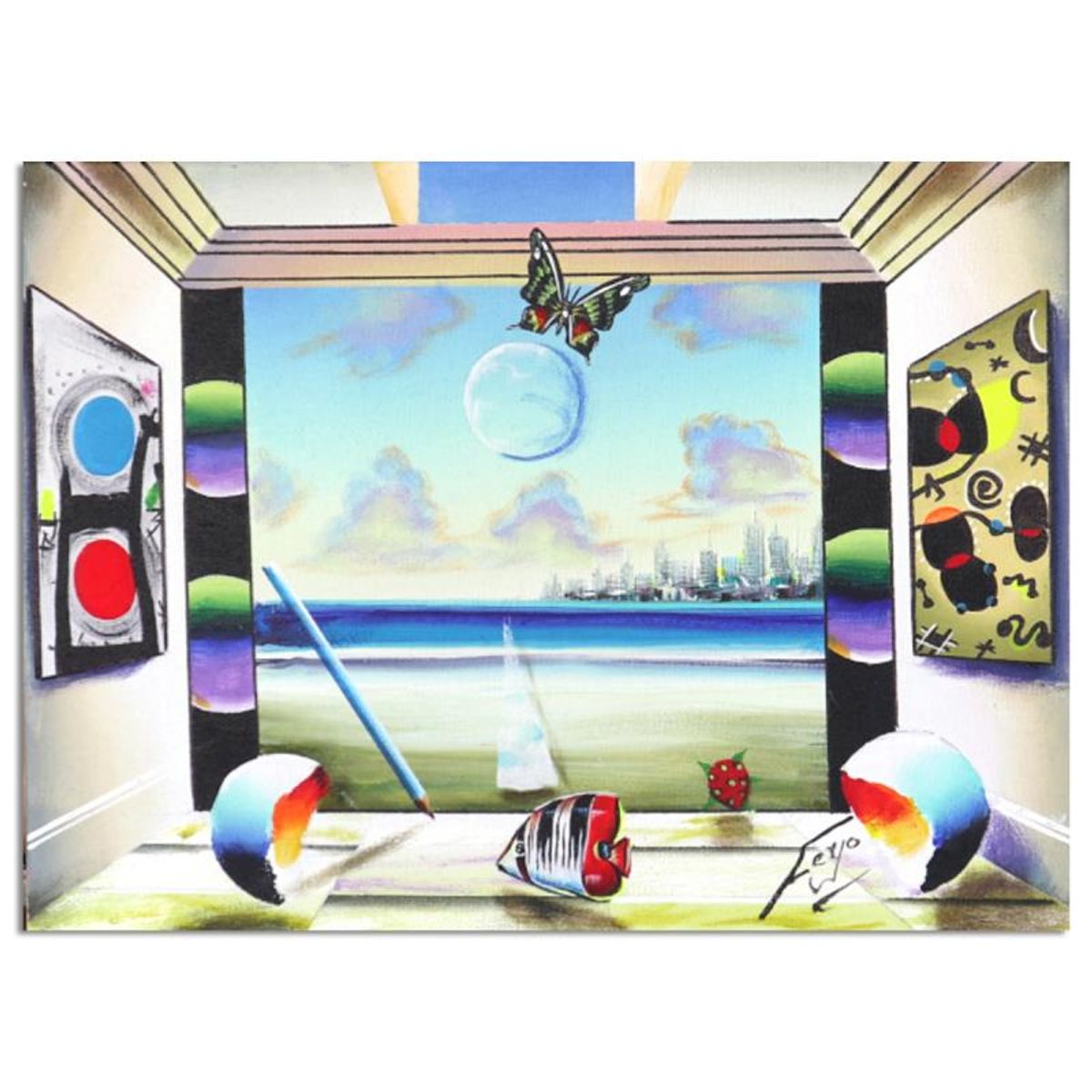 Ferjo, "Views of Miro" Hand Signed Original Painting on Canvas with Letter of Authenticity.