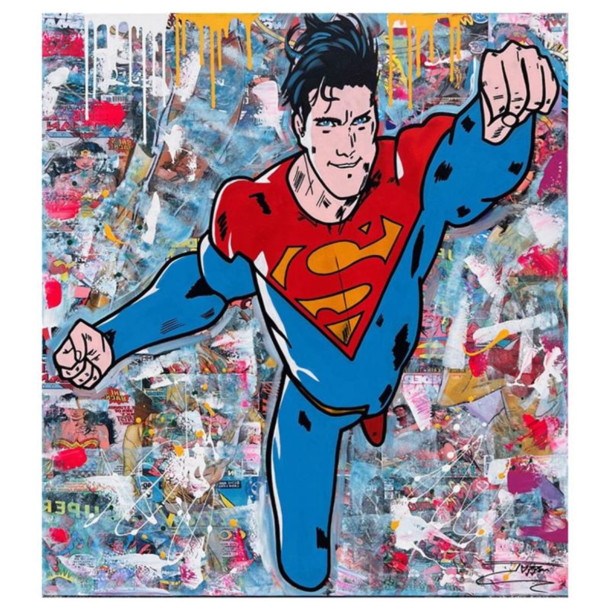 Jozza, "Superman Action" Unique Mixed Media on Canvas, Hand Signed with Letter of Authenticity.
