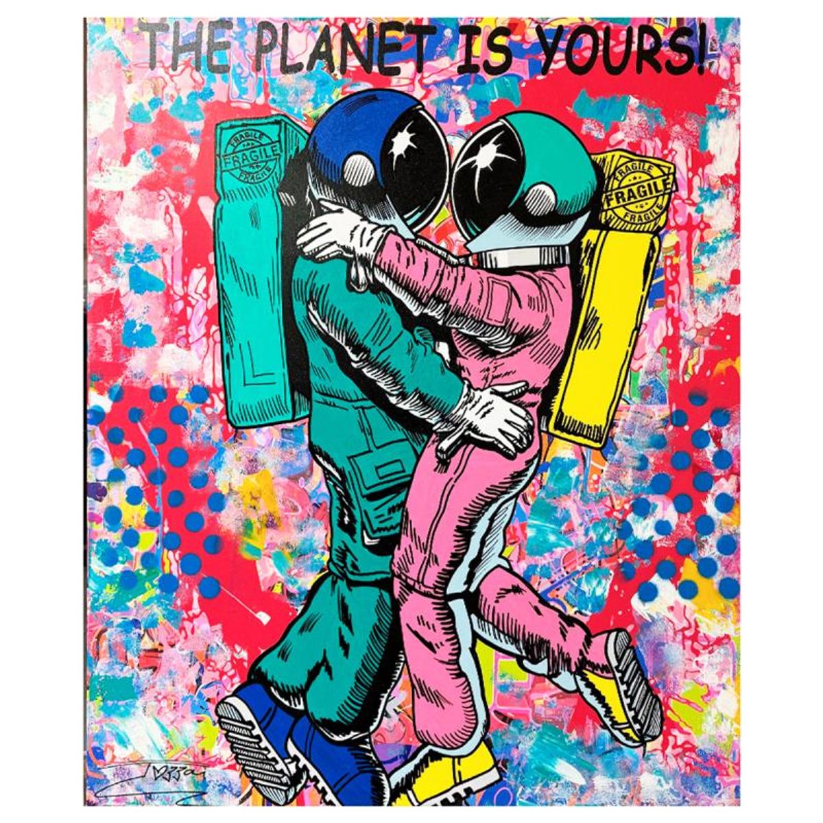Jozza, "Planet is Yours" Unique Mixed Media on Canvas, Hand Signed Inverso with Letter of Authenticity.