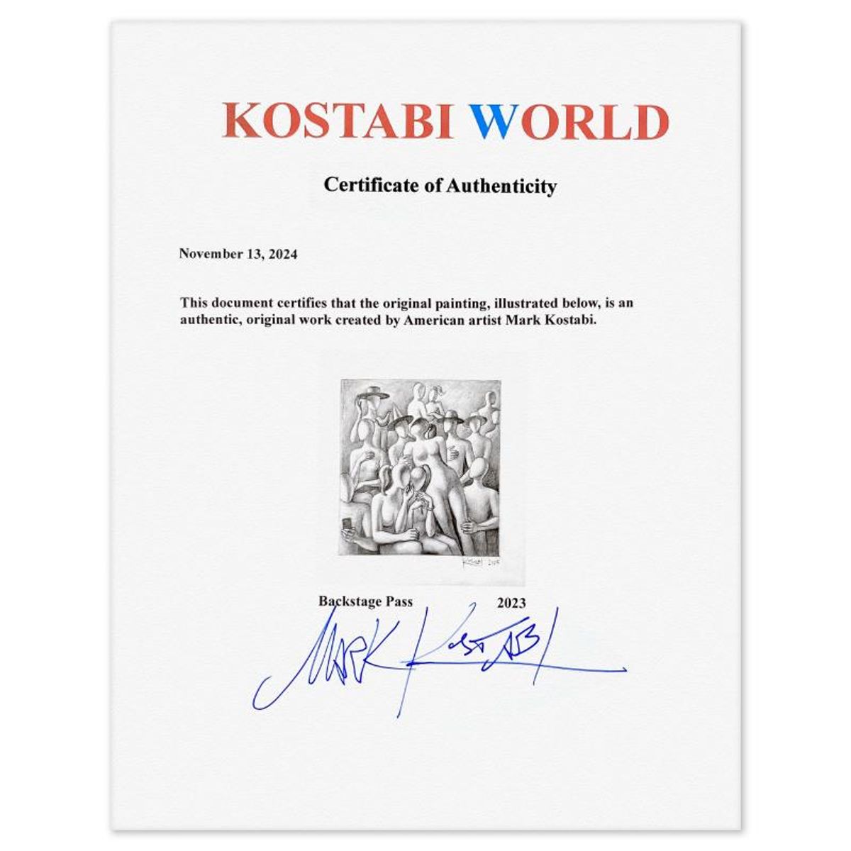 Mark Kostabi, "Backstage Pass" Framed Original Drawing on Paper, Hand Signed with Certificate of Authenticity