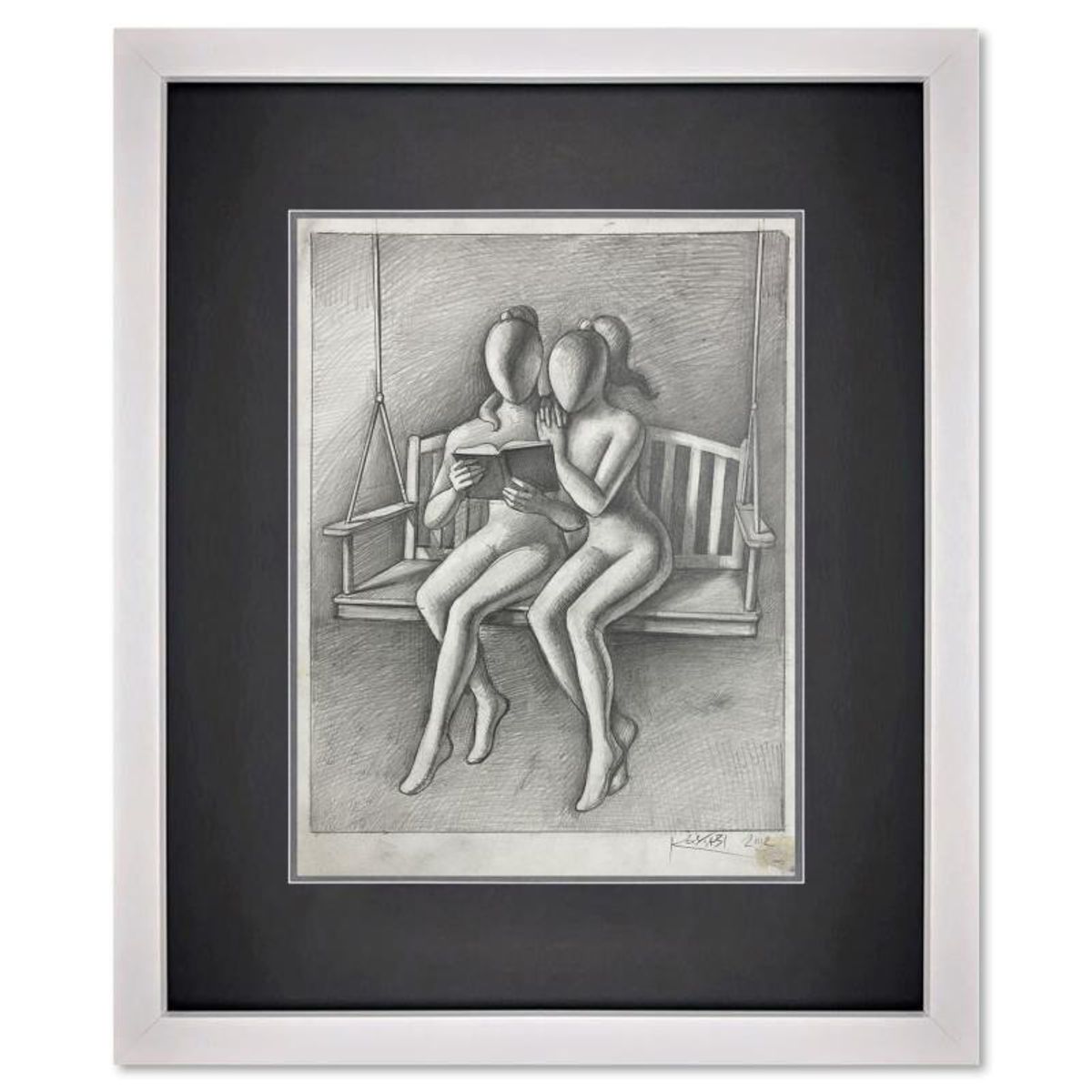 Mark Kostabi, "Besties" Framed Original Drawing on Paper, Hand Signed with Certificate of Authenticity