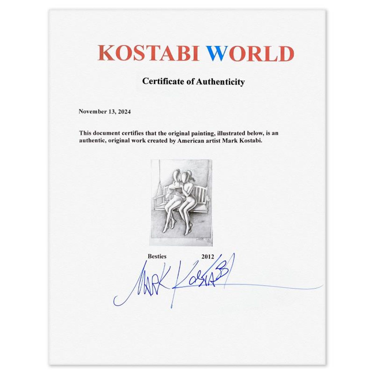 Mark Kostabi, "Besties" Framed Original Drawing on Paper, Hand Signed with Certificate of Authenticity