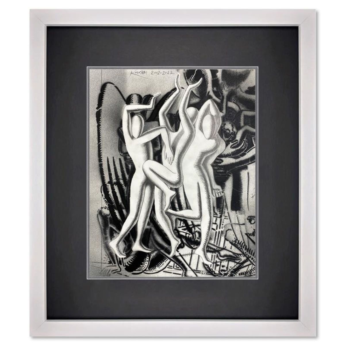 Mark Kostabi, "Touching Three Bases" Framed Original Mixed Media Drawing on Paper, Hand Signed with Certificate of Authenticity