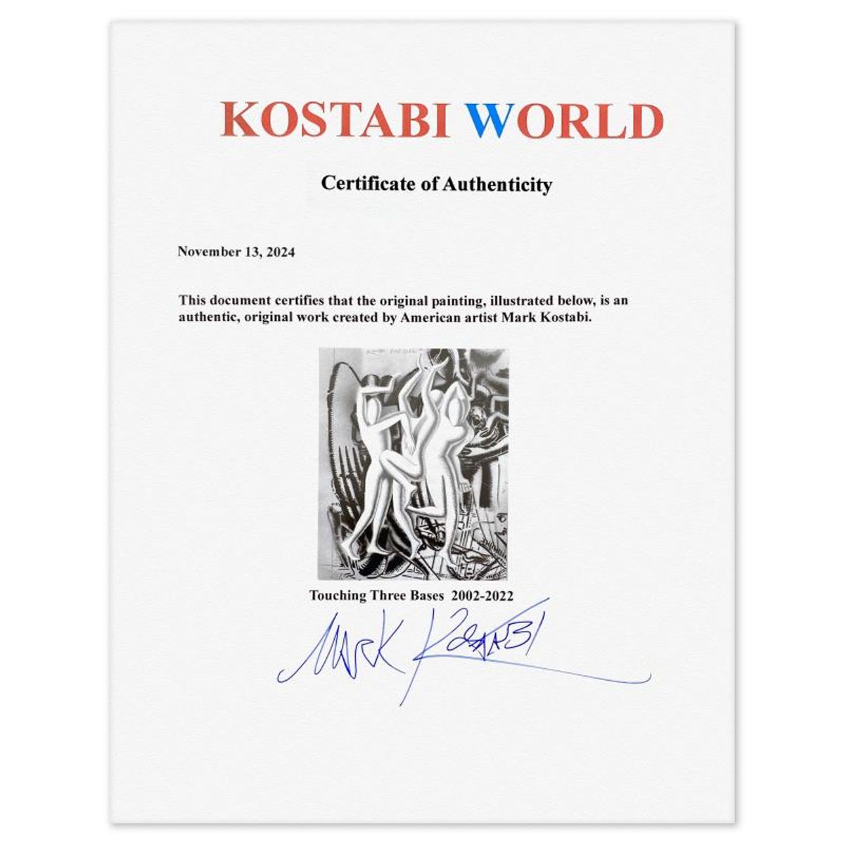 Mark Kostabi, "Touching Three Bases" Framed Original Mixed Media Drawing on Paper, Hand Signed with Certificate of Authenticity