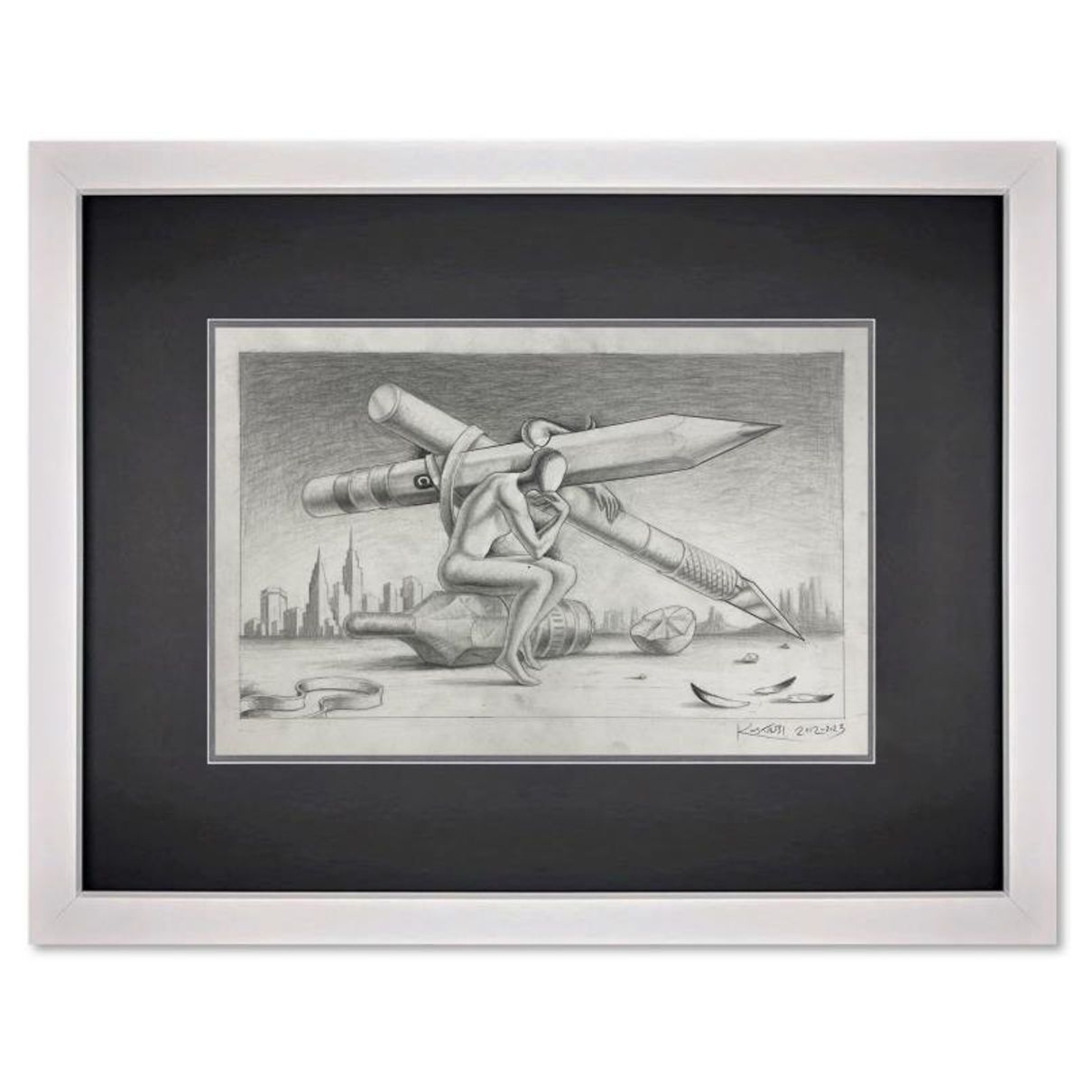 Mark Kostabi, "The Point of Staying Sharp" Framed Original Drawing on Paper, Hand Signed with Certificate of Authenticity