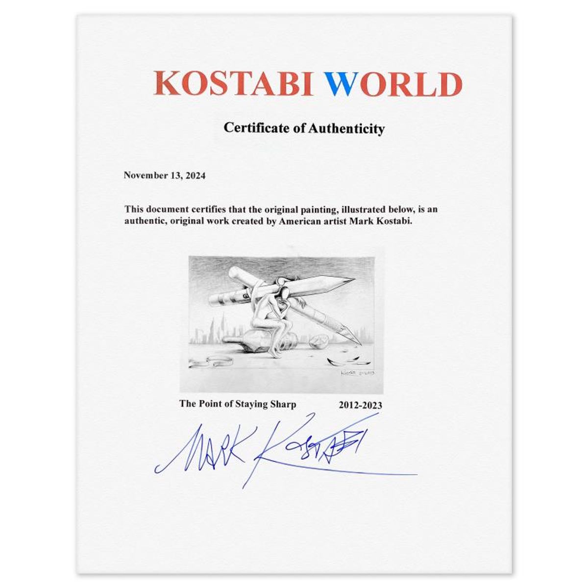 Mark Kostabi, "The Point of Staying Sharp" Framed Original Drawing on Paper, Hand Signed with Certificate of Authenticity