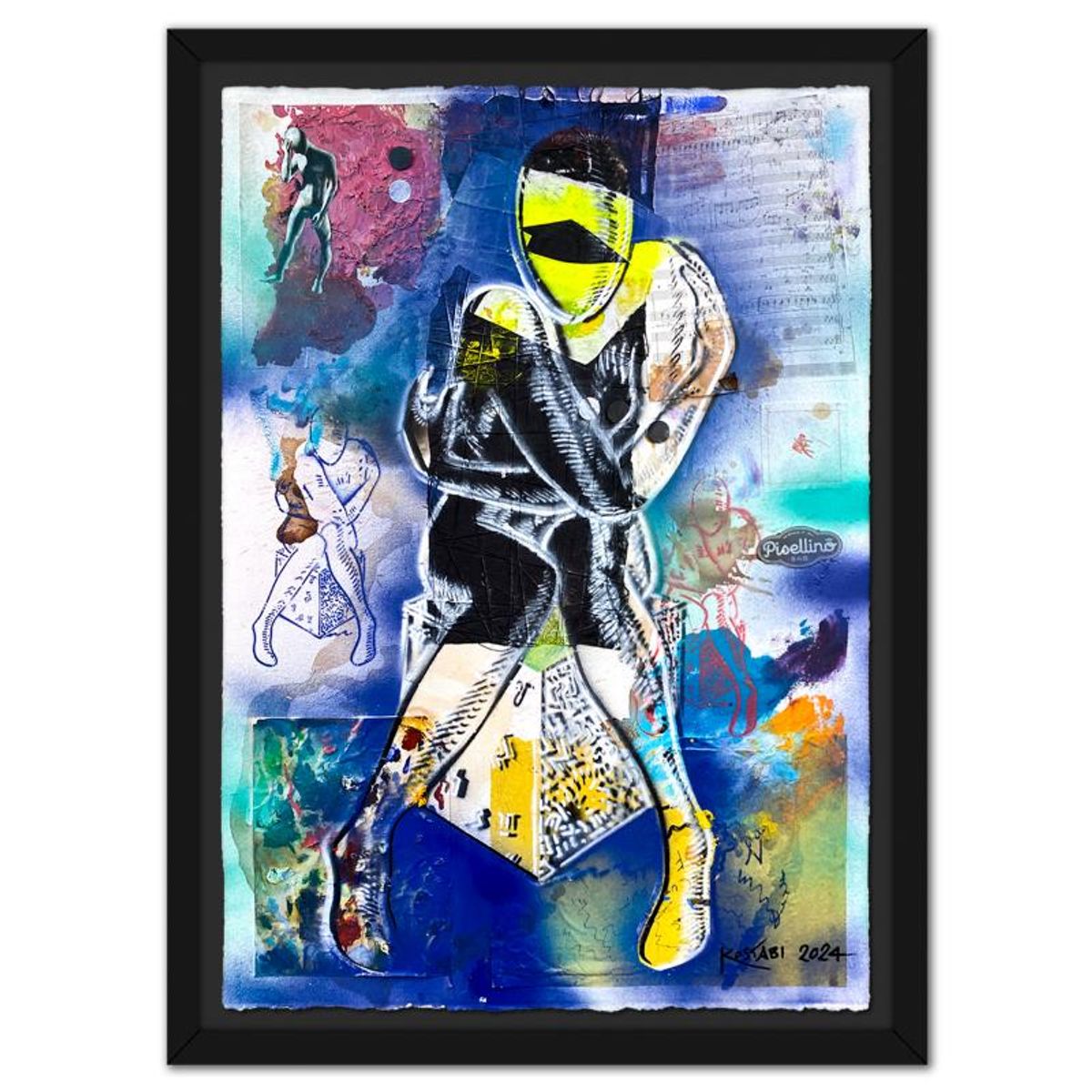 Mark Kostabi, "The Gravity of Self" Framed Original Mixed Media Painting, Hand Signed with Certificate of Authenticity.