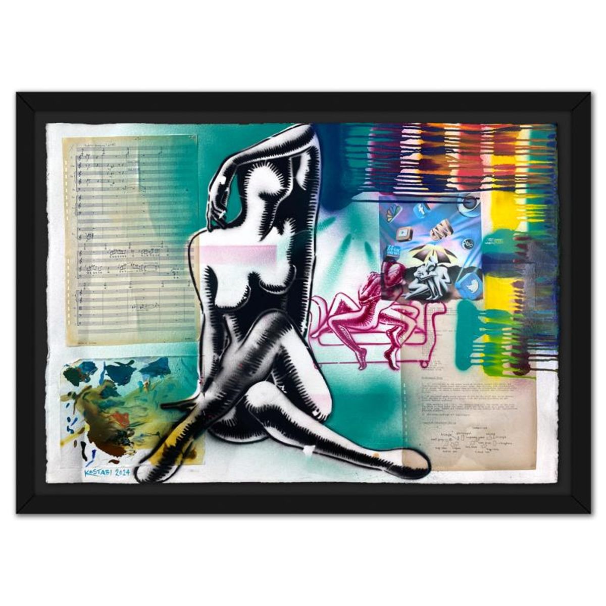 Mark Kostabi, "Ecstatic Meditations" Framed Original Mixed Media Painting, Hand Signed with Certificate of Authenticity.
