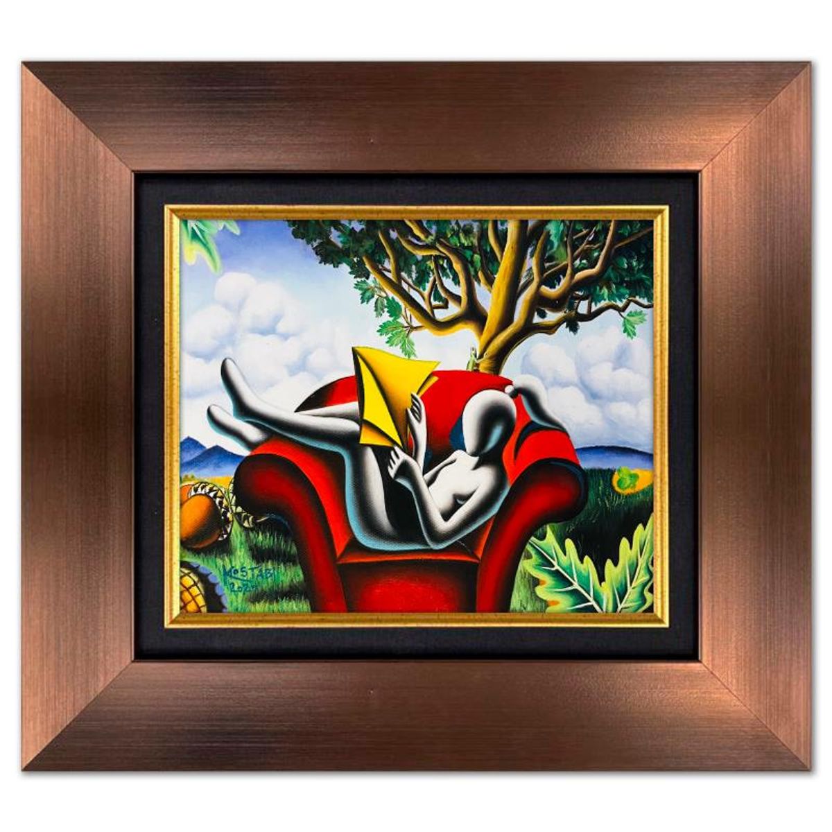 Mark Kostabi, "Scarlet Dreams in a Green Haven" Framed Original Oil Painting on Canvas, Hand Signed with a Certificate of Authenticity.