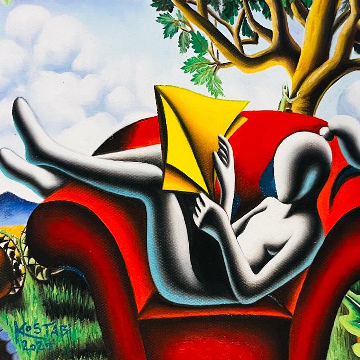 Mark Kostabi, "Scarlet Dreams in a Green Haven" Framed Original Oil Painting on Canvas, Hand Signed with a Certificate of Authenticity.