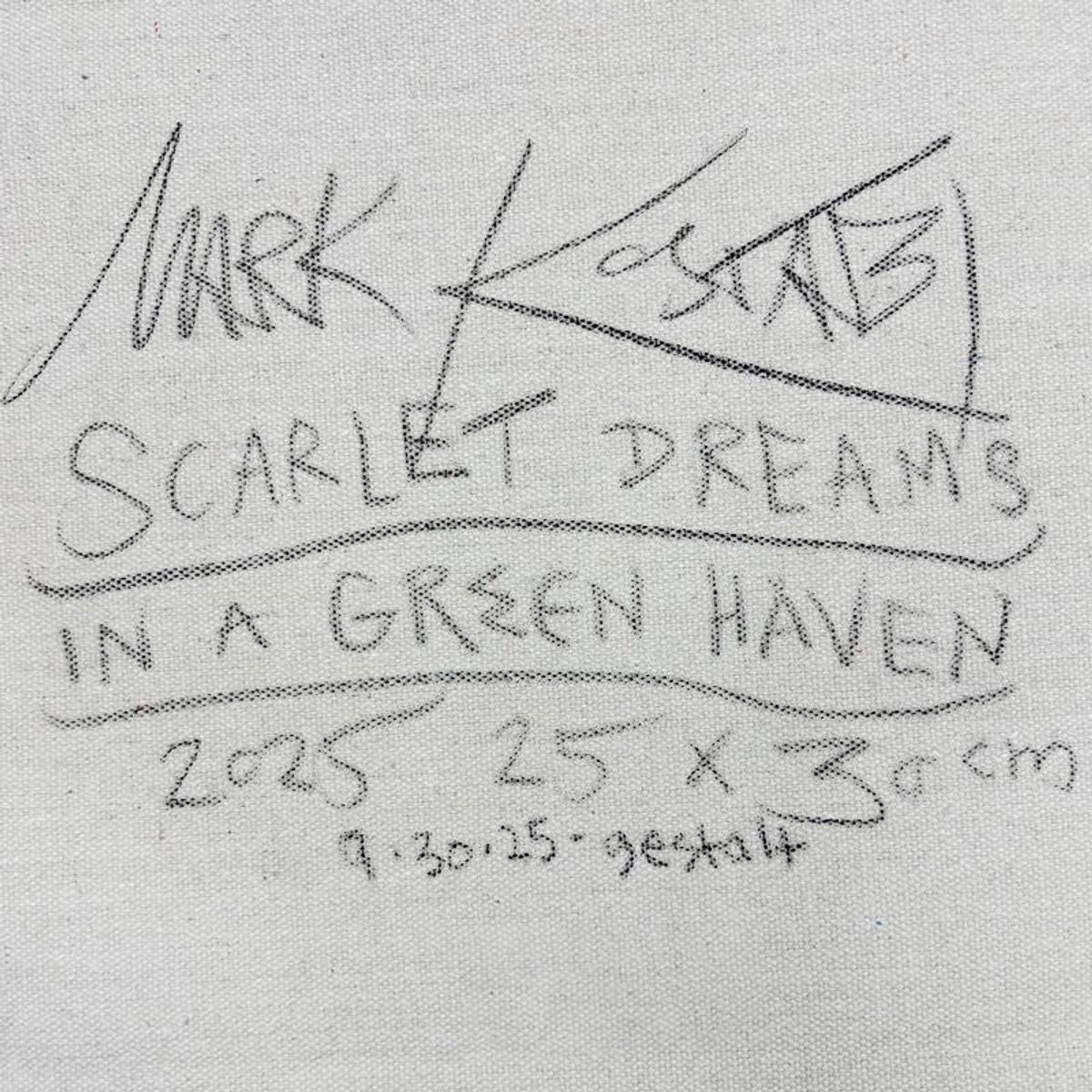 Mark Kostabi, "Scarlet Dreams in a Green Haven" Framed Original Oil Painting on Canvas, Hand Signed with a Certificate of Authenticity.