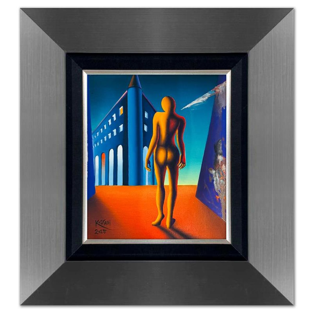 Mark Kostabi, "Looming Towards the Horizon of the Infinite" Framed Original Oil Painting on Canvas, Hand Signed with a Certificate of Authenticity.